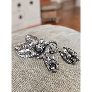 Sterling Silver Sculpted Flower Brooch with Matching Earrings Vintage